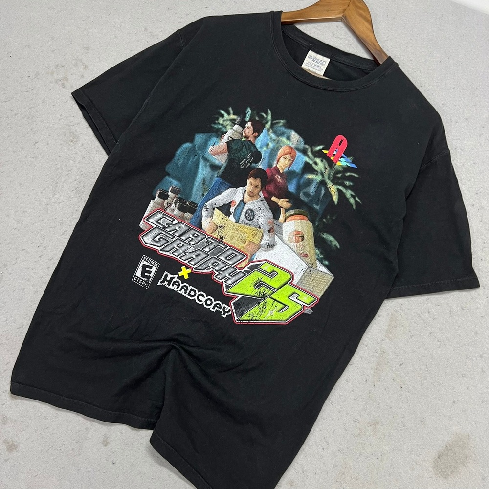 Comfort Wash Cartograph 25 Hardcopy Graphic T-Shirt Black Mens Medium Y2K Skater